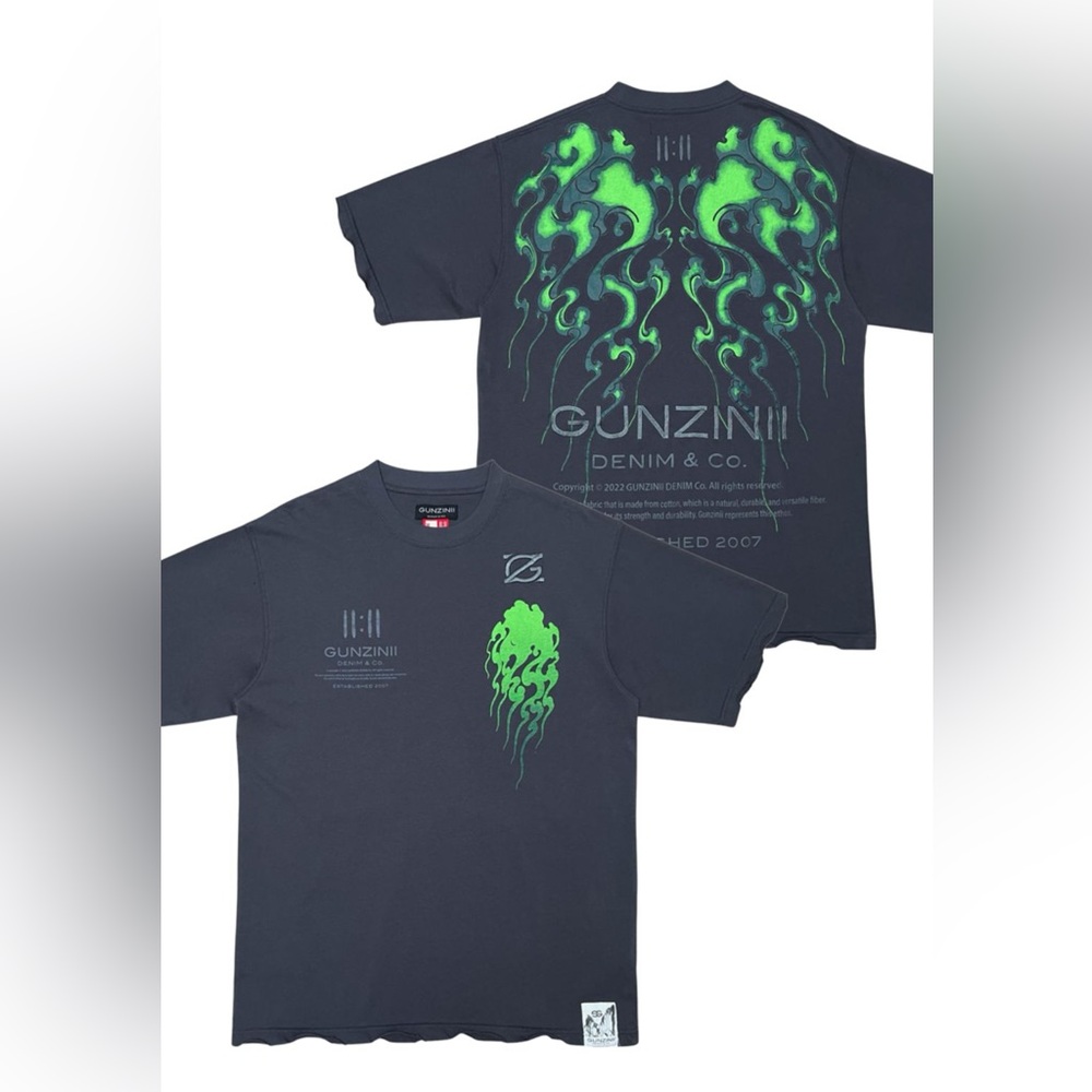 GUNZINII FLAME GARMENT DYED TEE BLACK CHARCOAL TSHIRT XL